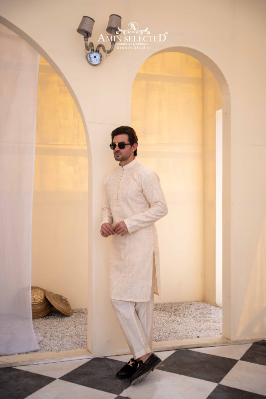 Cream Embroidered Kurta Pajama - Amin Selected 