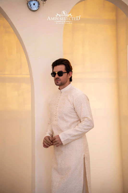 Cream Embroidered Kurta Pajama - Amin Selected 
