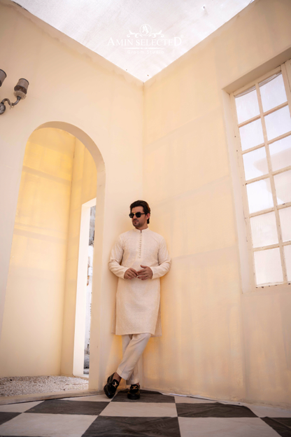 Cream Embroidered Kurta Pajama - Amin Selected 