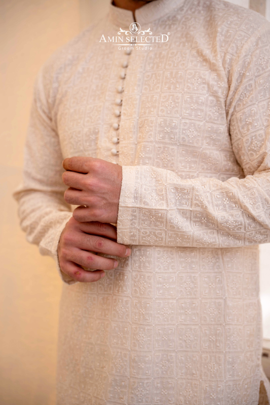 Cream Embroidered Kurta Pajama - Amin Selected 