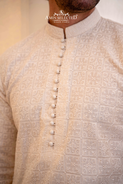 Cream Embroidered Kurta Pajama - Amin Selected 