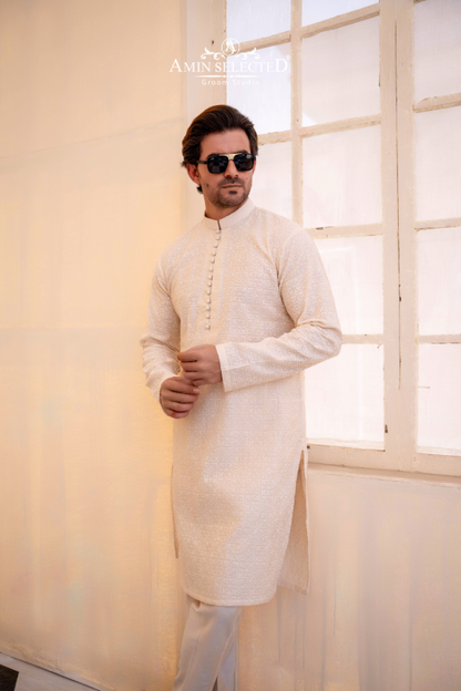 Cream Embroidered Kurta Pajama - Amin Selected 