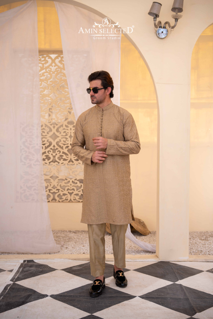 Khaki Embroidered Kurta Pajama - Amin Selected 
