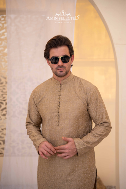 Khaki Embroidered Kurta Pajama - Amin Selected 