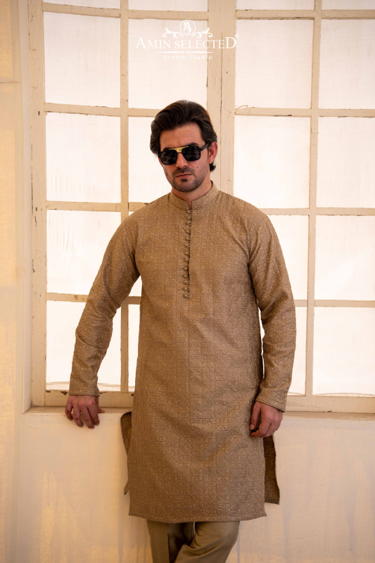 Khaki Embroidered Kurta Pajama - Amin Selected 