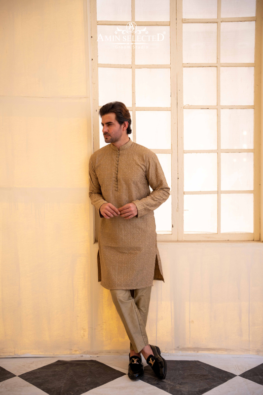 Khaki Embroidered Kurta Pajama - Amin Selected 