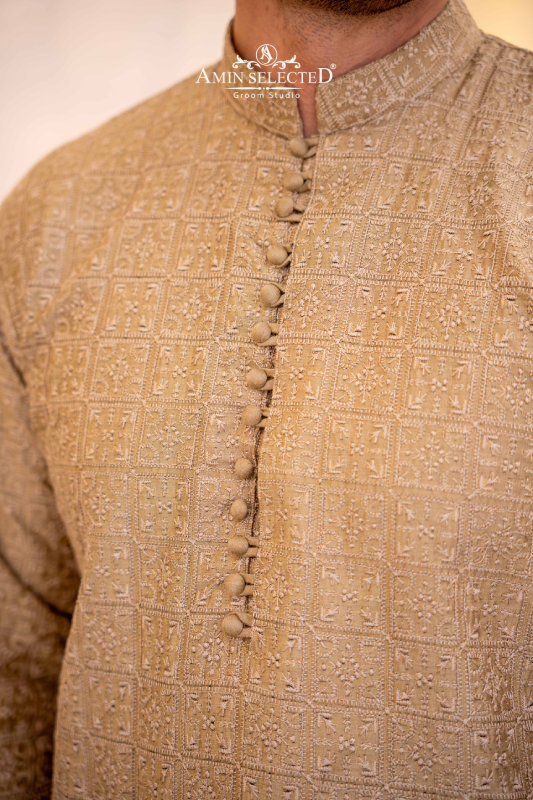 Khaki Embroidered Kurta Pajama - Amin Selected 