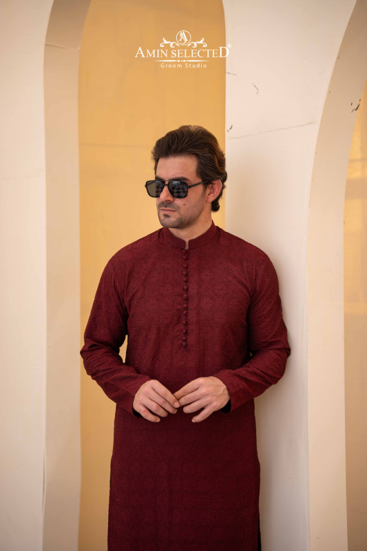 Maroon Embroidered Kurta Pajama - Amin Selected 