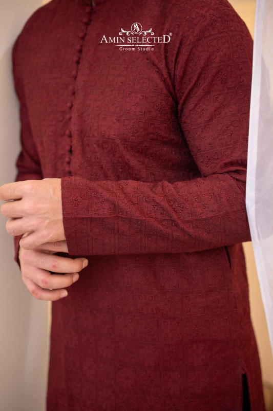 Maroon Embroidered Kurta Pajama - Amin Selected 