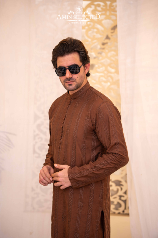 Brown Embroidered Kurta Pajama - Amin Selected 