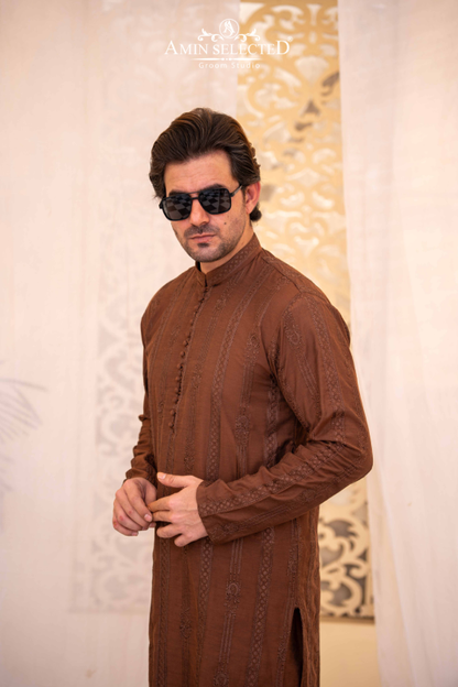 Brown Embroidered Kurta Pajama - Amin Selected 