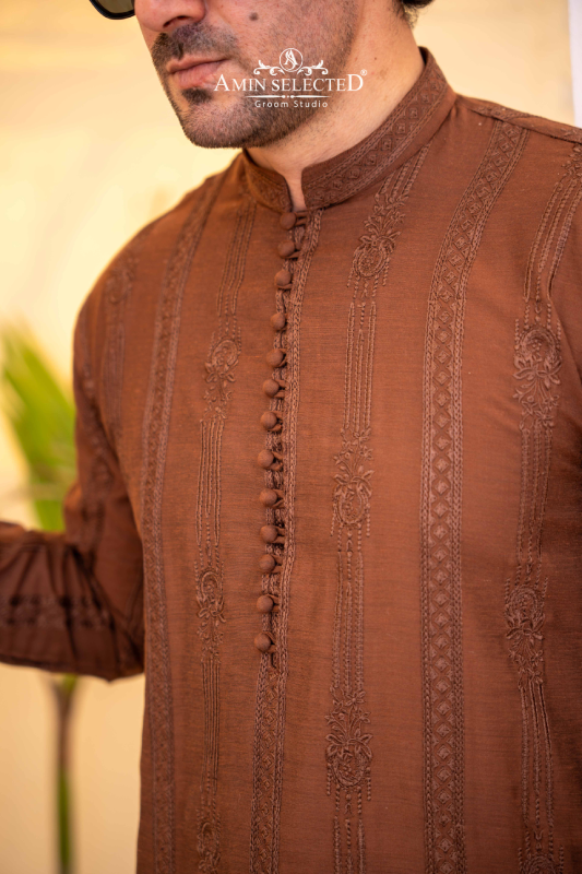 Brown Embroidered Kurta Pajama - Amin Selected 
