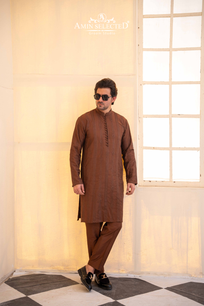 Brown Embroidered Kurta Pajama - Amin Selected 