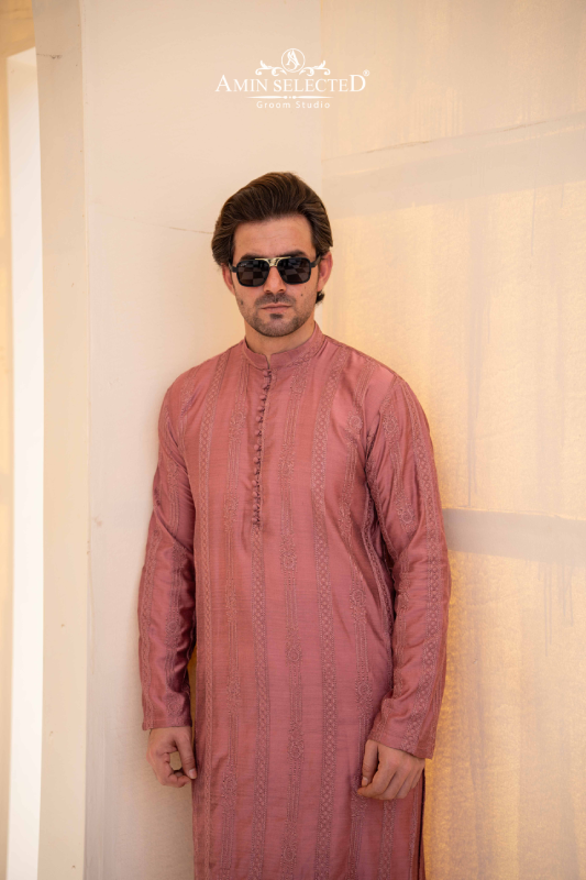 Tea Pink Embroidered Kurta Pajama - Amin Selected 