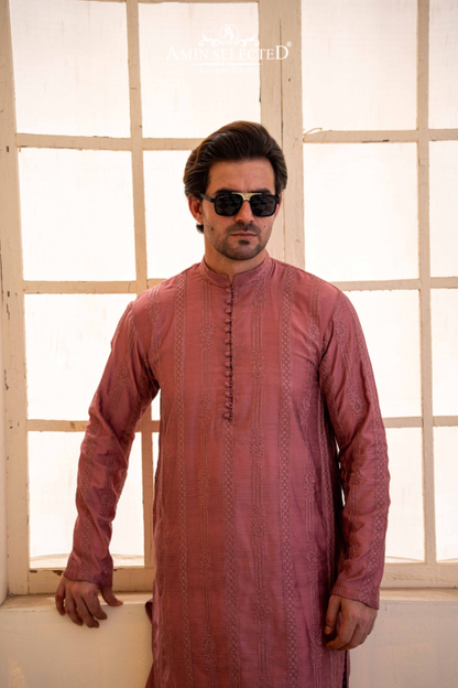 Tea Pink Embroidered Kurta Pajama - Amin Selected 