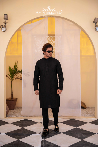 Black Embroidered Kurta Pajama - Amin Selected 