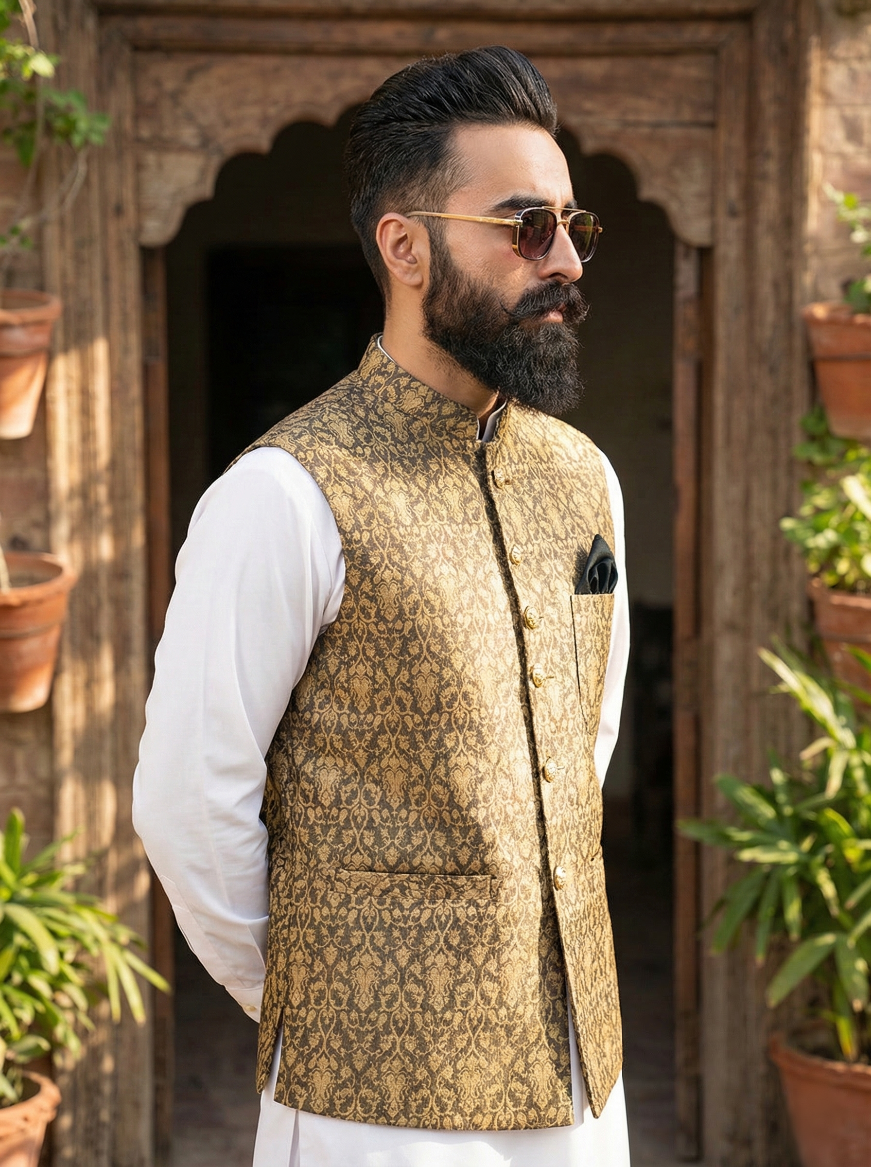 Brownish Golden Embroidered Waist Coat - Amin Selected 